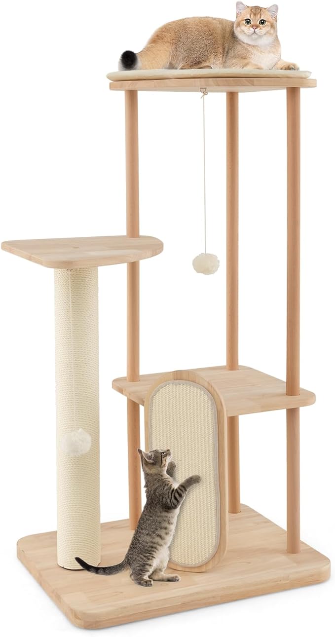 Tangkula Wood Cat Tree for Indoor Cats, Multi-Level Modern Cat Tower with Sisal Scratching Board & Post, Padded Perch, Platform, Hanging Toy, Minimalist Kitten Activity Center for Small & Medium Cats-Mewly Pet
