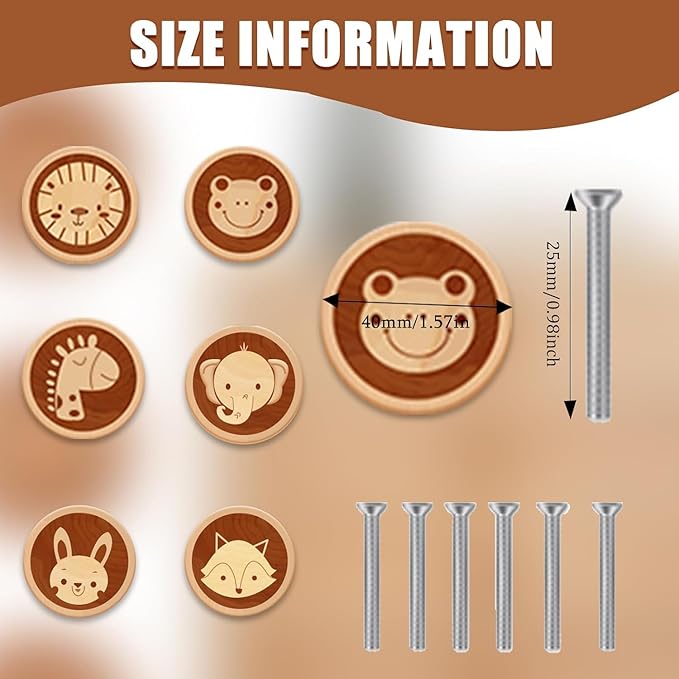 6 Pack Dinosaur Dresser Knobs 40MM/1.57" Wooden Animal Cabinet Knobs for Nursery Room Kids Drawer Pull Handles with Screws