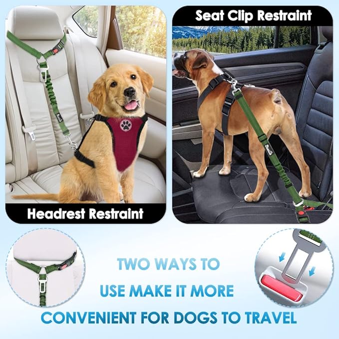 SlowTon Dog Seat Belt for Car, 2 Pack Dog Car Harness Seatbelt Adjustable with Elastic Bungee Buffer, 2 in 1 Pet Car Leash Headrest Restraint Dog Reflective Safety Tether (Green, Headrest+Clip)-Mewly Pet