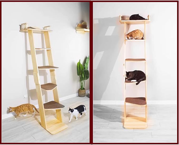Modern 70“ Tall 6 Level Leaning Cat Climbing Ladder Tree Tower Condo with Large Perch Platform for Window Wall, Solid Wood Cat Furniture Shelves for Multiple Cats-Mewly Pet