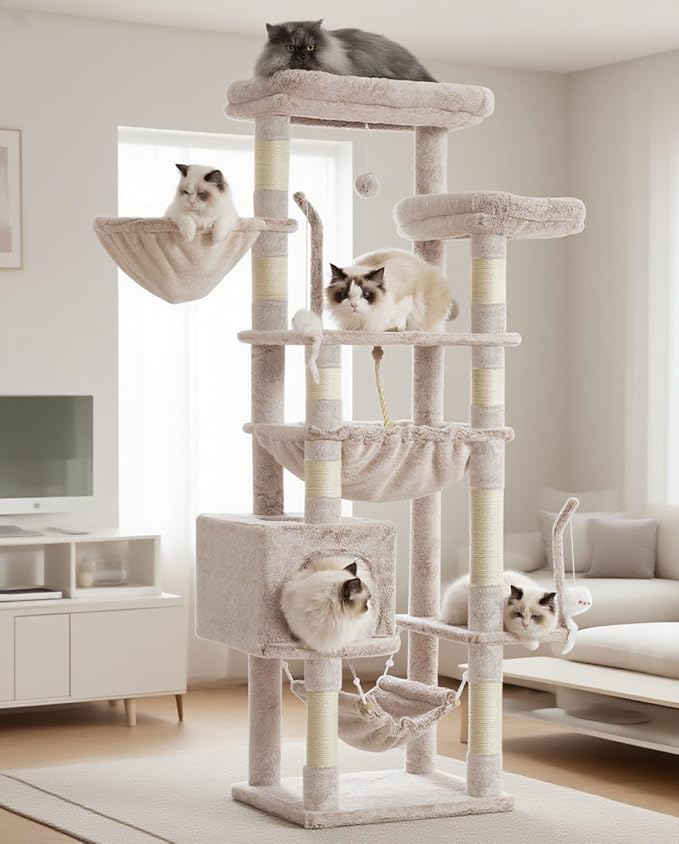 Cat Tree, Cat Tower for Large Cats with 2 Big Platforms, 2 Baskets, condo and Toys, 63" Cat Scratching Posts for Indoor Cats, Muchroom GCT020MU-Mewly Pet