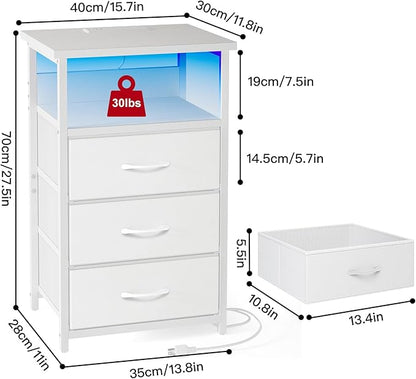 Fixwal White Nightstand with Charging Station, LED Night Stand with 3 Fabric Drawers and Open Shelf, Bedside End Table in Living Room