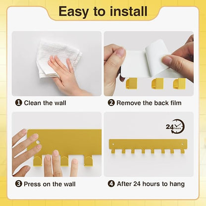 pickpiff Gold Key Holder for Wall Adhesive, Key Hooks with 8 Hooks Wall Mounted, Key Hangers No Drill for Living Room, Kitchen, Office