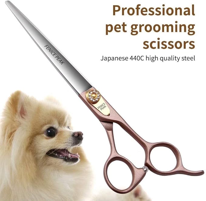 Fenice Peak 7'' Dog Straight Scissors for Grooming 440C Stainless Steel Rose Gold Professional Pet Trimming Scissors Sharp Blades Cutting for Dogs and Cats Shears-Mewly Pet