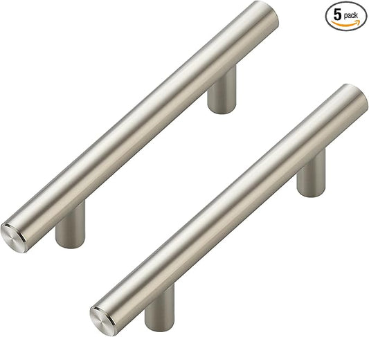 JOY DECOR 5 Pack Cabinet Handles, Brushed Nickel Cabinet Pulls, 3 in Hole Center Kitchen Cabinet Handles, Stainless Steel T Bar Handles for Dresser Drawers