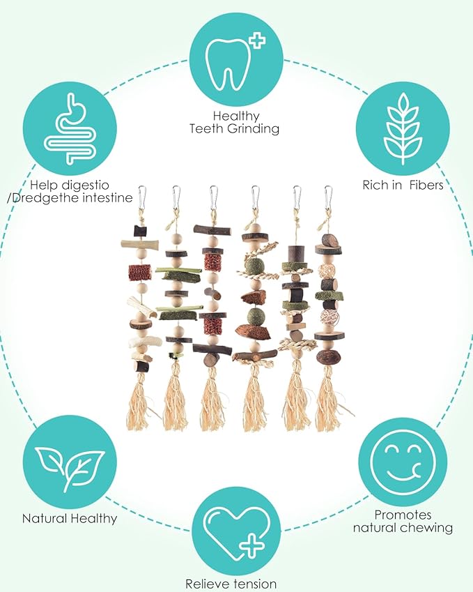 6PCS Bunny Chew Toys, Hamster Rabbit Cage Hanging Chew Toys, Natural Apple Wood Bunnies Treats, Improve Small Animal Teeth Health for Guinea Pig Chinchilla Ferret Rats Gerbil-Mewly Pet