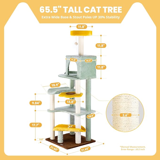 HYABi 65.5 Inch Sunflower Cat Tree Tower Multi-Level Cat Condo with Plush Scratching Posts, Toy Balls, and Pet House, Indoor Play Platform for Large Adult Cats, Cute Sunflower Design-Mewly Pet