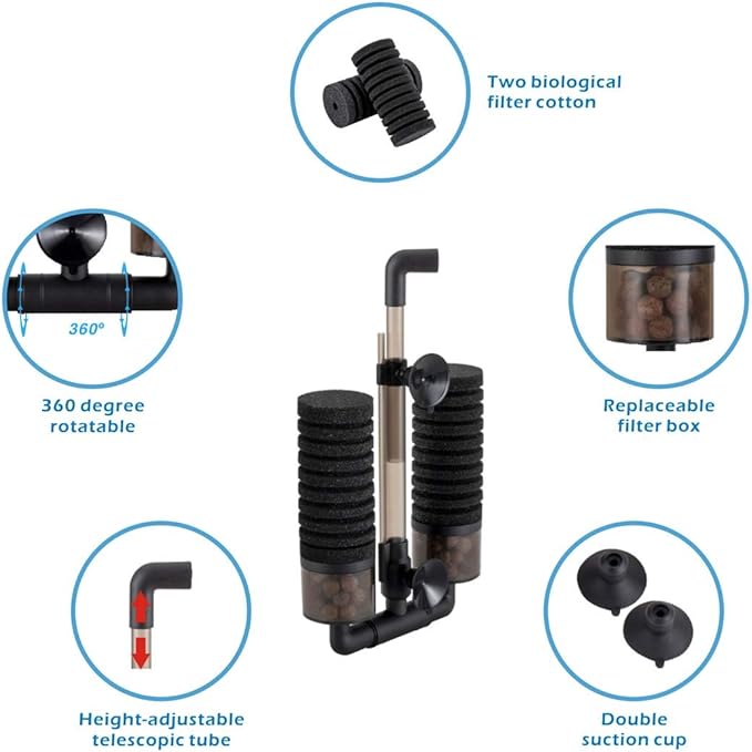 hygger Sponge Filter, Aquarium Filter Double Sponge Replaceable Media with 4 Biochemical Sponges and 1 Bag of Filtered Ceramic Balls Ultra Quiet Filter Fish Tank (S/M)-Mewly Pet