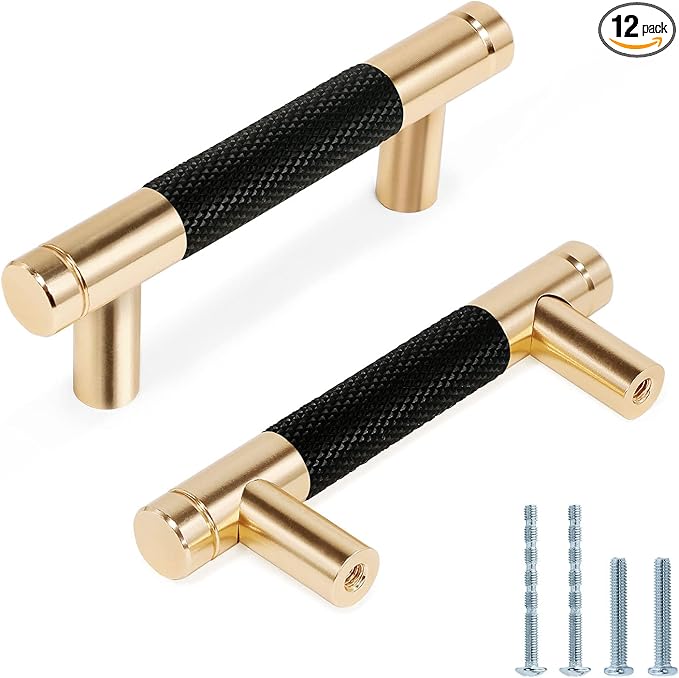 Knurled Cabinet Pulls 12 Pack, 3.5 Inch Long Cabinet Handles Metal Door Pulls, Kitchen Drawer Pull Knurled Dresser Handles - 2 1/2" Hole to Hole, Black & Gold