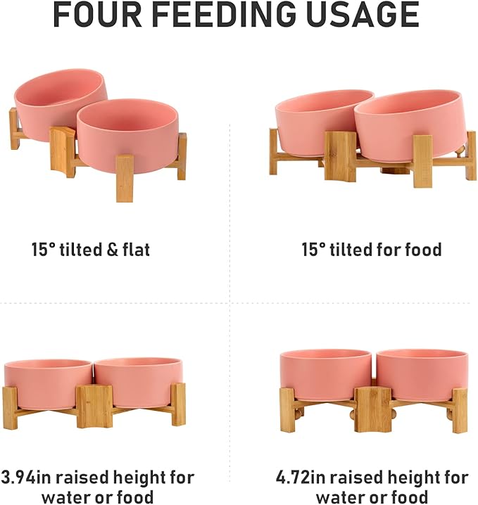 SPUNKYJUNKY 15° Slanted Ceramic Dog and Cat Bowl with Wooden Stand, Tilted Bulldog Food and Water Bowl No Slip Non-Spill for Cats Medium Dogs Big Face Pets 28.7 OZ (3.6 Cups, Pink × 2)-Mewly Pet