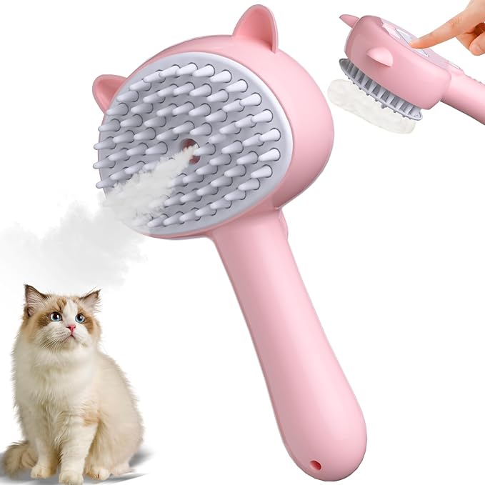 Cat Steam Brush for Shedding, 4 in 1 Steamy Cat Comb with Handle, Rubber Pet Misting Brush with Release Button for Indoor Kittens Small Animals(Pink)-Mewly Pet