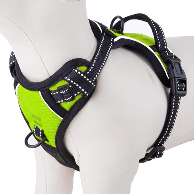 PHOEPET Reflective Dog Harness No Pull Large Breed Vest with 2 Metal Leash Attachment Hooks(L, Green)-Mewly Pet