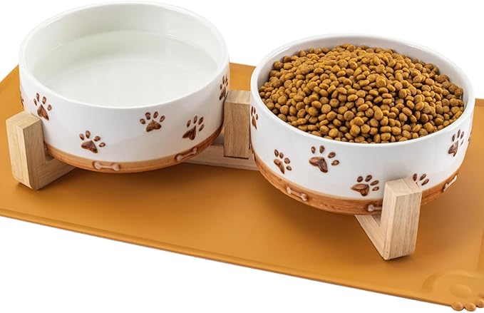 Ceramic Dog Bowls for Small and Medium Dogs, 32 OZ Dog Food and Water Bowl Set with Wooden Stand and Non-Slip Silicone Food Mat, Weighted Embossed Cute Puppy Bowls Feeding Dishes Set of 2-Mewly Pet