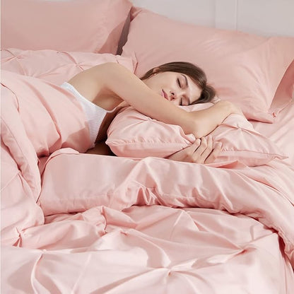 Bedsure King Size Comforter Set Pink - Bed in a Bag Bedding Set 7 Pieces, GentleSoft™ Pintuck Bed Set Gift for Family, Pinch Pleat Pink Comforter with Sheets, Pillowcases & Shams