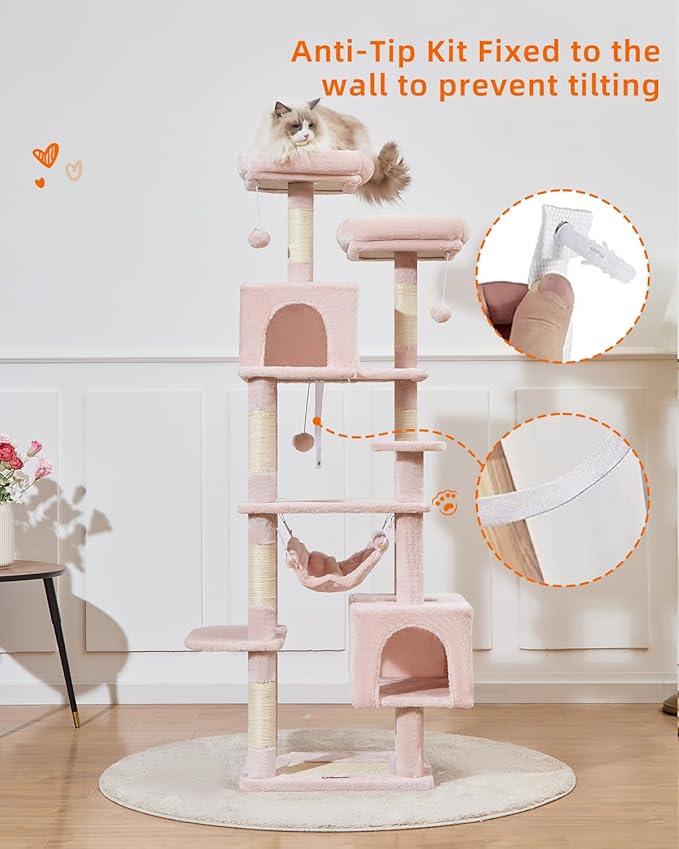 Taoqimiao Cat Tree, 68-Inch Cat Tree Cat Tower for Indoor Cats, Plush Multi-Level Cat Condo with 6 Scratching Posts, 2 Perches, 2 Caves,Hammock, 3 Pompoms,MS020SP Jelly Pink-Mewly Pet
