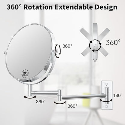 Wall Mounted Makeup Mirror, 10x/1x Double-Sided Magnifying Mirror, 360° Extendable Arm Bathroom Mirror, 8 inch Vanity Mirror for Makeup or Shaving Chrome Finish