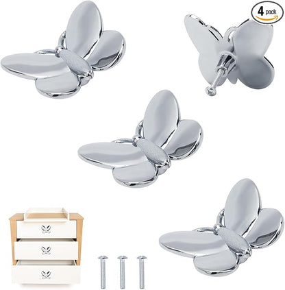 Silver Butterfly Drawer Knobs Kitchen Hardware for Cabinets Cute Animal Dresser Knobs Furniture Cupboard Handles Single Hole Cabinet Knobs 4 Pcs (Silver)
