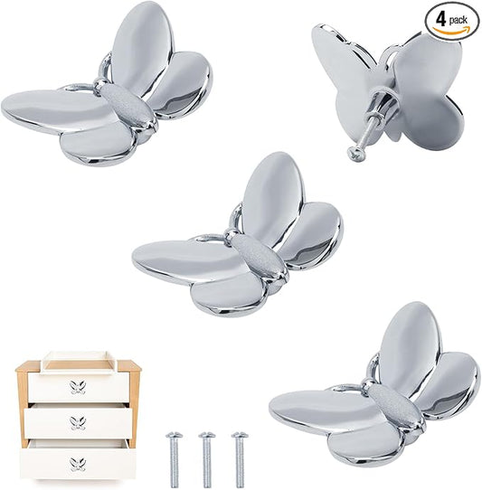 Silver Butterfly Drawer Knobs Kitchen Hardware for Cabinets Cute Animal Dresser Knobs Furniture Cupboard Handles Single Hole Cabinet Knobs 4 Pcs (Silver)