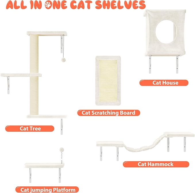 NUNU LAB Wall Mounted Cat Furniture, 5 Pcs Cat Wall Shelves with House, Bridge, Steps, Scratching Post, Shelves, Indoor Safe & Stable Furniture for Kittens Play, Beige-Mewly Pet