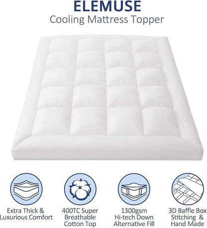 ELEMUSE 1300 GSM Mattress Topper Queen with Baffle Box Design,Extra Thick Cooling Pillow Top Pad, 400TC Cotton Cover, Plush & Support Snow Down Alternative, White