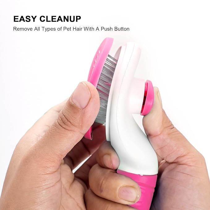Self Cleaning Slicker Brush for Pet Grooming - Removes Loose Undercoat and Sheds, Suitable for Long and Short Hair Cats and Dogs, with Massaging Bristles (Pink)-Mewly Pet