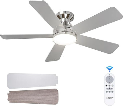 addlon Ceiling Fans with Lights, 42 Inch Low Profile Ceiling Fan with Light And Remote Control, Flush Mount, Reversible, 3CCT, Dimmable, Quiet, Nickel Small Ceiling Fan for Bedroom Indoor/Outdoor Use