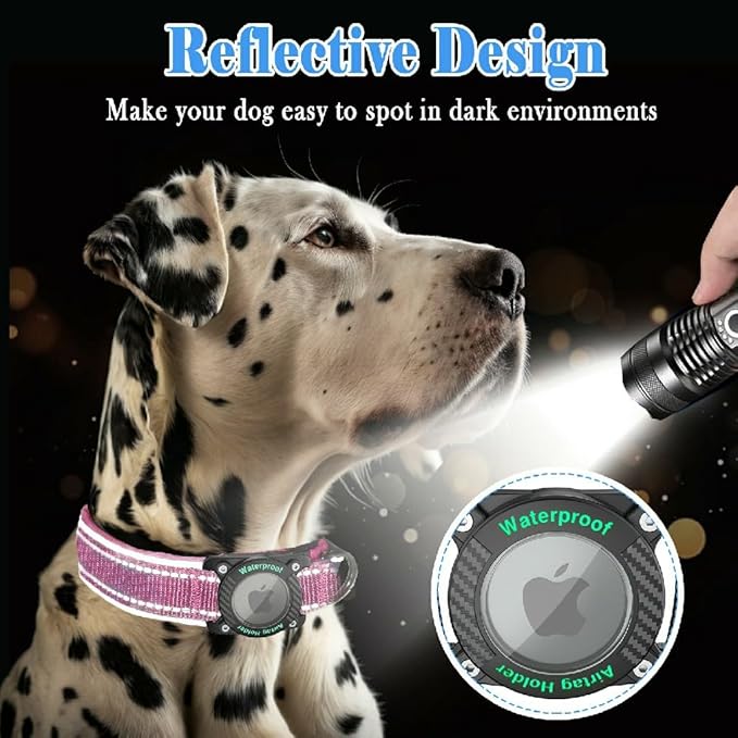 Upgraded AirTag Dog Collar, IP68 Waterproof Dog Collar with Apple Air Tag Holder, Reflective Adjustable Heavy Duty Dog Collars with Soft Padded for Small, Medium and Large Dogs,Pink, S-Mewly Pet