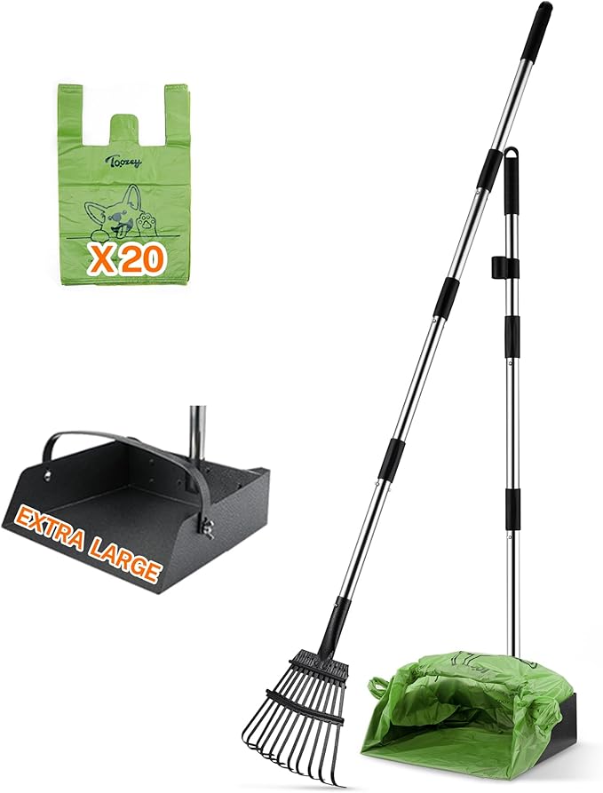Toozey Dog Pooper Scooper, Extra Large Stainless Steel Tray Long 54" Handle, Easy Cleanup for All Dog Sizes, Includes 20 Bags-Mewly Pet