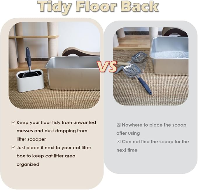 Heavy-Duty Metal Cat Litter Scoop with Holder, Aluminum Cats Litter Scooper Captures All Clumps, Kitty Metal Scooper and Holder (White)-Mewly Pet