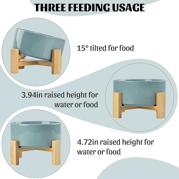 SPUNKYJUNKY 15° Slanted Ceramic Dog and Cat Bowl with Wooden Stand, Tilted Bulldog Food and Water Bowl No Slip Non-Spill for Cats Medium Dogs Big Face Pets 28.7 OZ (3.6 Cups, Light Green)-Mewly Pet