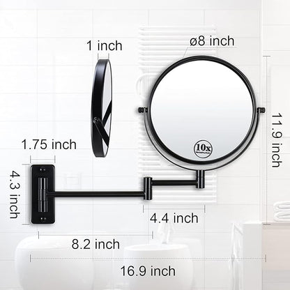 Wall Mounted Magnifying Makeup Mirror with 1X 10X Magnification and Extendable Arm, 8 Inch Double Sided Vanity Mirror for Bathroom, Wall Mirror for Teen Girls, Women, Matte Black