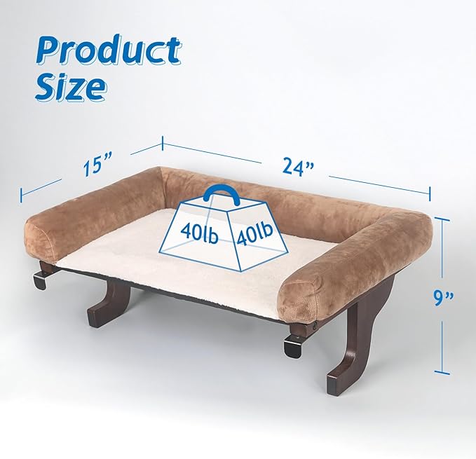 Cat Perch for Window Sill with Bolster - Orthopedic Hammock Design with Premium Hardwood & Robust Metal Frame - Cat Window Seat for Large Cats and Kittens - Dark Stained Wood with Brown Bed-Mewly Pet