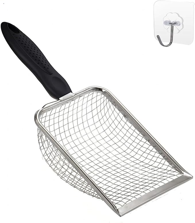 Cat Litter Scooper with Holder,Sturdy Litter Cleaner Corner Shovel,Stainless Steel Mesh Litter Scoop,Easy to Clean,Non-Slip Handle,Suitable for All cat Litter-Mewly Pet