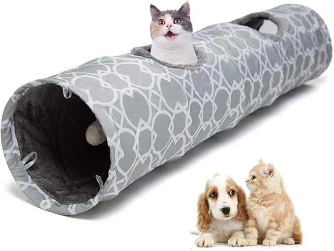 LUCKITTY Geometric Straight Cat Tunnel with Plush Inside,Cats Toys Collapsible Tunnel Tube with Balls, for Rabbits, Kittens, Ferrets,Puppy, Diameter 9.8 Inch-Mewly Pet