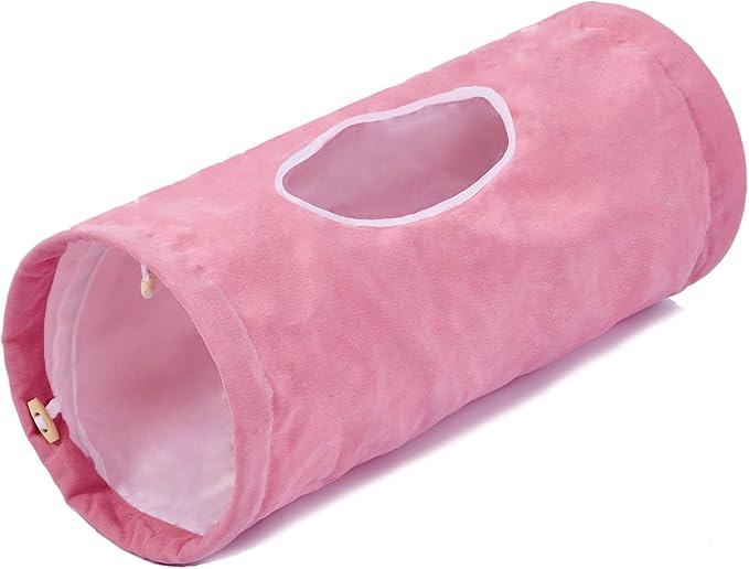 Cat Tunnel, Large Indoor Durable Collapsible Interactive Cat Tube with Peek-A-Boo Hole, Hanging Toys, and Crinkly Paper Lining - Cute Tunnel for Cats, Kittens, Puppies & Rabbits, Pink-Mewly Pet