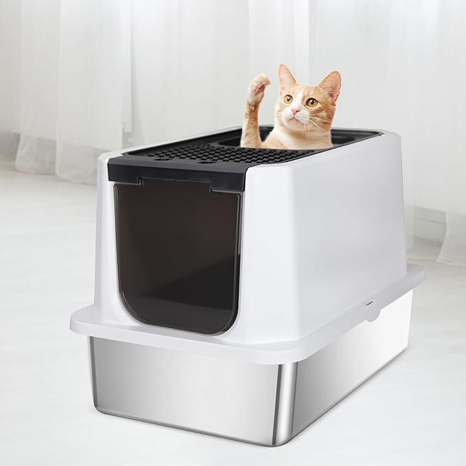 RIZZARI Stainless Steel Cat Litter Box, Odorless Enclosed Litter Box with Top Holes, Large Litter Pan for Small to Large Sized Cats (Black, 23.8" L*15.9" W*16.1" H)-Mewly Pet