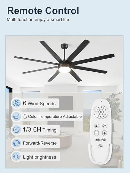 YUHAO 72 Inch Black Ceiling Fan with Light and Remote Control.Noiseless,Dimmable,3CCT,6 Speeds Reversible, DC Ceiling Fans for Indoor or Covered Outdoor