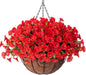 Artificial Fake Hanging Flowers Plants Baskets for Outdoor Decoration, Faux Silk Red Morning Glory in Planter Look Real UV Resistant Artificial Flower for Outside Porch Patio Garden Yard Home Decor