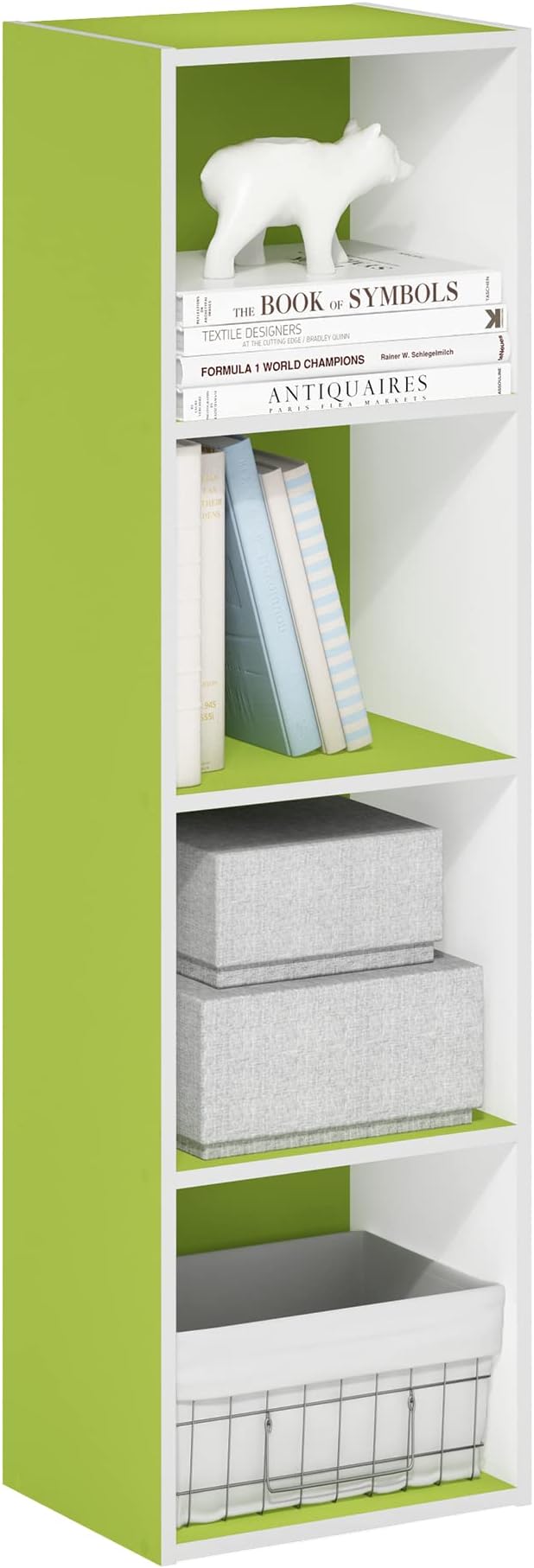 Furinno PASIR Book Shelf, 4-Tier Modern Bookshelf, Open Shelves Bookcase 9" x 12" x 42", for Living Room, Bedroom, Home Office, Green/White