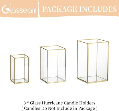 Glasseam Glass Hurricane Candle Holder: Set of 3 Gold Square Candle Holders for Pillar Candles Large for Table Centerpiece Wedding Christmas Decorative