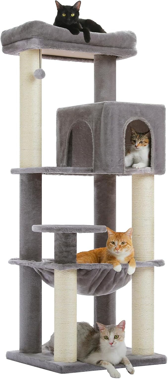 Large Cat Tree with Reinforced Scratching Posts (φ3.1in) for Big Adult Cats 30 lbs, 57.8" Heavy Duty Cat Tower with Larger Hammock and Condo, Cat Furniture for Maine Coon, Plush,Grey-Mewly Pet