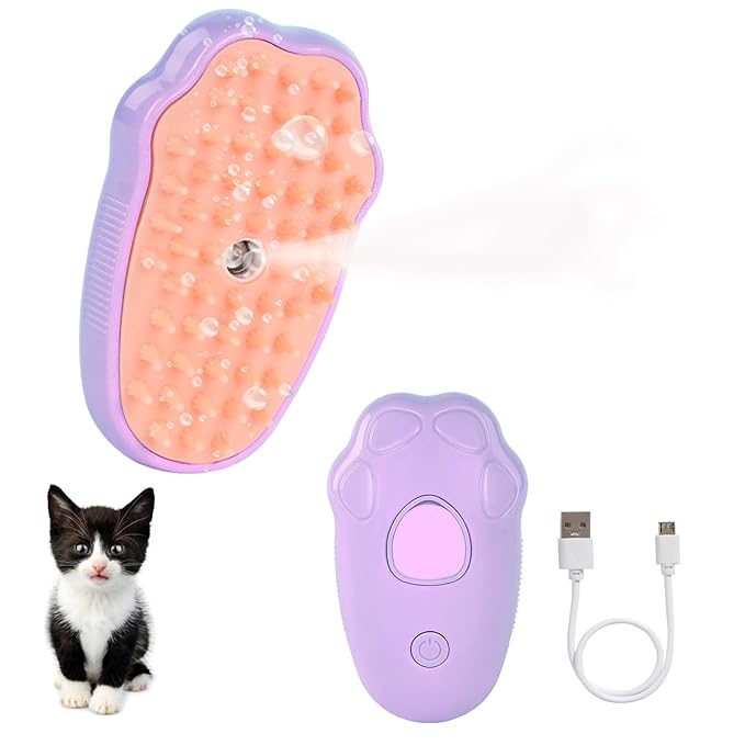 Steam Brush for Cats, Spray Comb Mist Brush, Rechargeable Steam Pet Brush for Dogs and Cats, Self-Cleaning 3-in-1 Cat Hair Brush with Steam for Long and Short Hair for Cats and Dogs (purple)-Mewly Pet