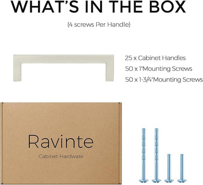 Ravinte 25 Pack Solid 4 Inch Center to Center Slim Square Bar Drawer Handles Kitchen Cabinet Handles Brushed Nickel Drawer Pulls Kitchen Cabinet Hardware Kitchen Handles Cabinet Pulls
