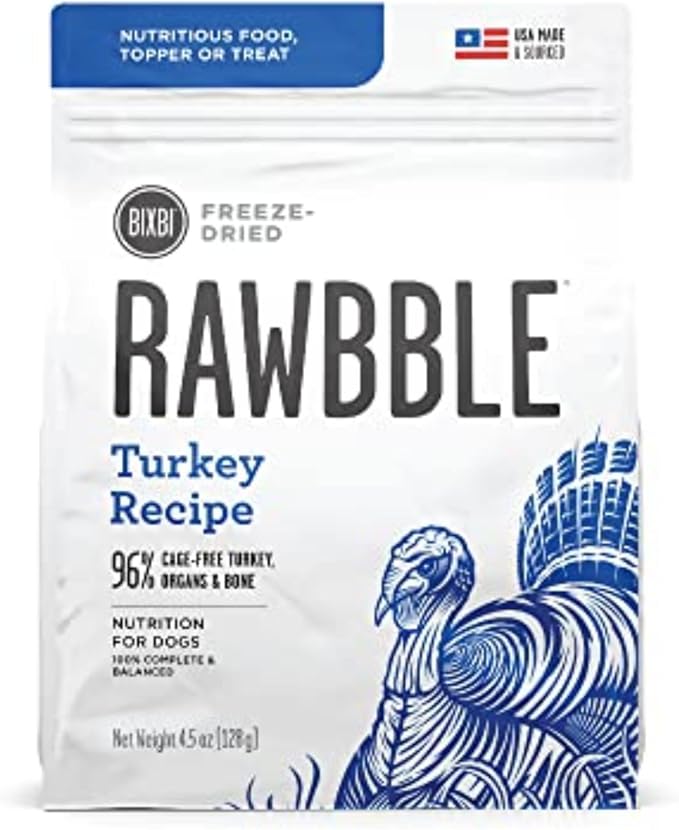 BIXBI Rawbble Freeze Dried Dog Food, Turkey Recipe, 4.5 oz - 96% Meat and Organs, No Fillers - Pantry-Friendly Raw Dog Food for Meal, Treat or Food Topper - USA Made in Small Batches-Mewly Pet