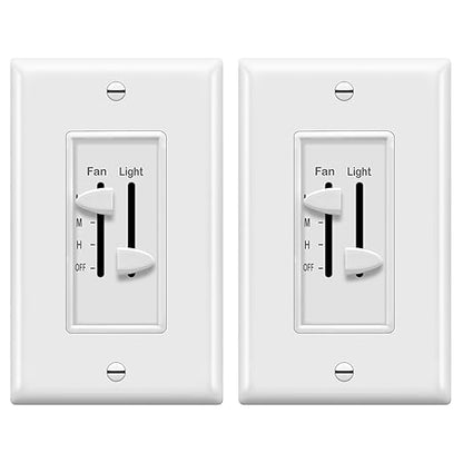ENERLITES 3 Speed Ceiling Fan Control and Dimmer Light Switch, 2.5A Single Pole Light Fan Switch, 300W Incandescent Load, No Neutral Wire Required, 17001-F3-W, 120 Volts (AC), White, 2 Pack