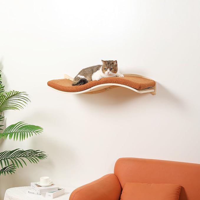 Cat Wall Shelves for Large Cats - Wall Mounted Furniture with Comfortable Cushion, Perfect Perch and Bed for Multi-Cat Households - 35 inch Wavy Shelf for Climbing, Playing, Resting, and Lounging-Mewly Pet
