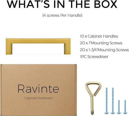 Ravinte 10 Pack Solid Kitchen Cabinet Handles Gold Slim Cabinet Pulls Drawer Pulls with 4 Inch Hole Center Square Bar Kitchen Cabinet Hardware Brushed Brass Cabinet pulls