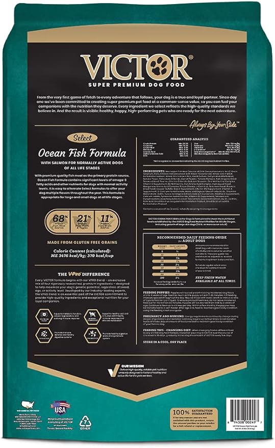 VICTOR Super Premium Dog Food – Select Ocean Fish Formula with Salmon – Omega-3 and Omega-6 Enriched Gluten-Free Dry Kibble for All Normally Active Dogs of All Life Stages, 40lbs-Mewly Pet