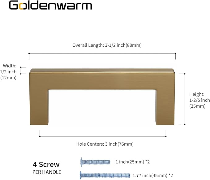 goldenwarm 20 Pack Champagne Bronze Cabinet Pulls Gold Cabinet Handles 3 Inch Champagne Drawer Pulls Brushed Bronze Drawer Handles Square Kitchen Hardware for Cupboard Bedroom Dresser