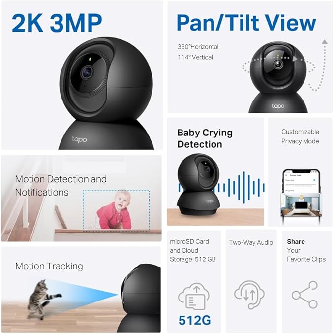 Tapo TP-Link 2K Pan/Tilt Indoor Security Camera for Baby Monitor, Pet Camera | Motion Detection & Tracking | 2-Way Audio | Cloud & SD Card Storage | Works w/Alexa & Google Home | Black C211-Mewly Pet